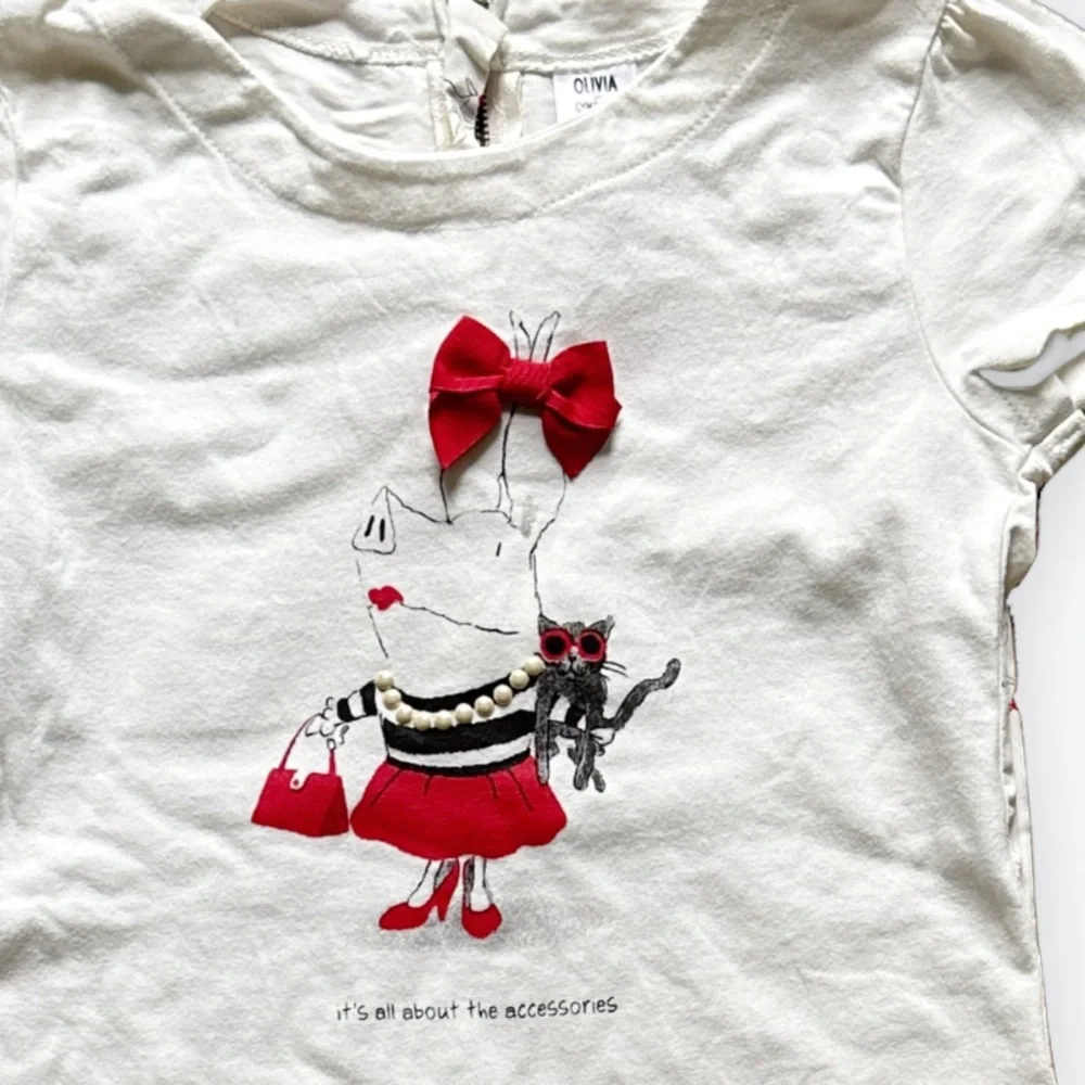 Olivia Shirt w/ Pearl Necklace Bow Handbag Fun Accessories Pig ~ Little Girl’s 8